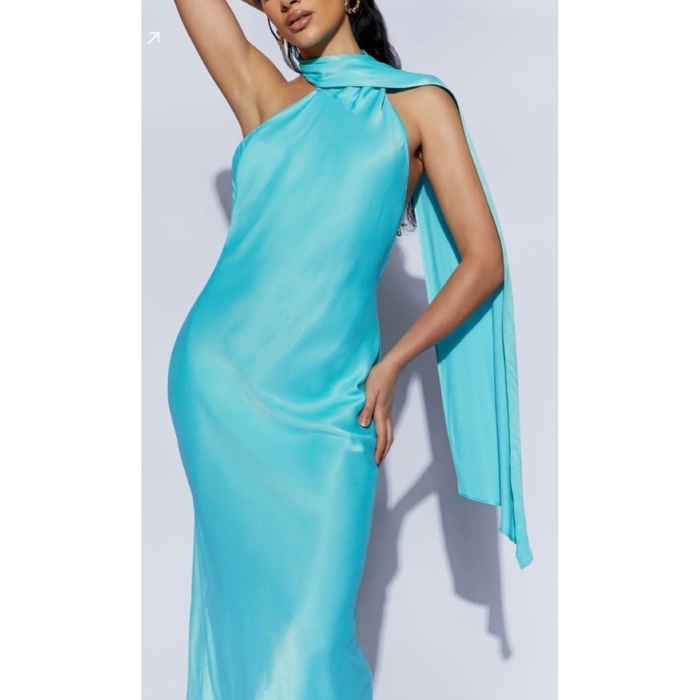 NEW Meshki Astrella Turquoise Neck Wrap Midi A Line Dress Open Back Elegant sz M